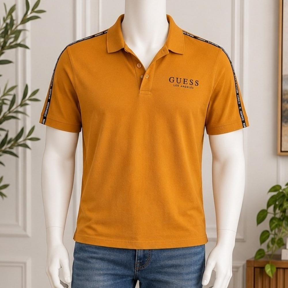 GUESS Mens Polo Shirt Mustard Yellow Logo Tape Detail XL